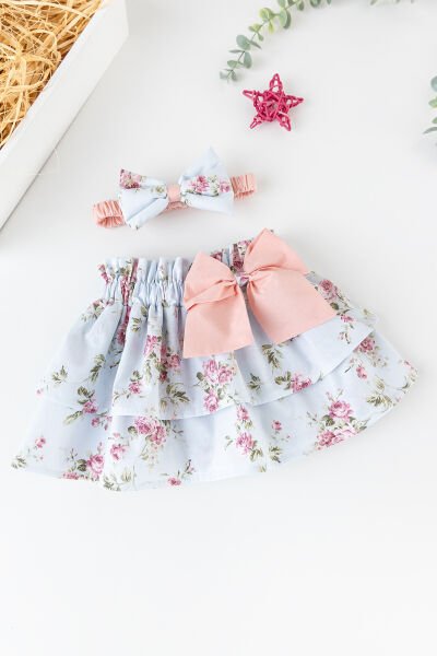 Çiçek Desenli Fiyonklu Bandanalı Kız Çocuk Etek