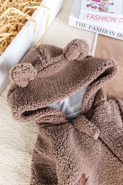 Kapüşonlu Kendinden Eldivenli Welsoft Kışlık Kız/Erkek Bebek Tulum KAHVERENGİ -  6-9 AY
