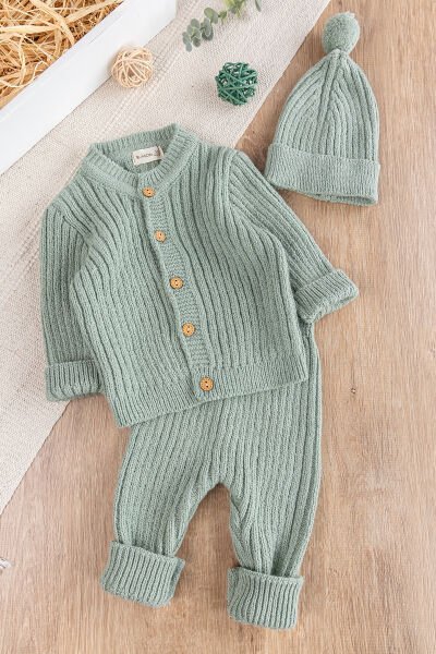 Triko Hırkalı Bereli Unisex Kışlık Şapkalı Bebek Takım YEŞİL - 3-6 AY
