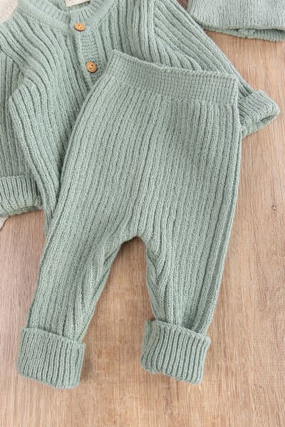 Triko Hırkalı Bereli Unisex Kışlık Şapkalı Bebek Takım YEŞİL -  9-12 AY