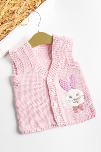 Tavşan İşlemeli Triko Bebek Yelek PEMBE -  6-9 AY