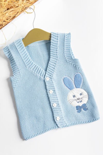 Tavşan İşlemeli Triko Bebek Yelek MAVİ -  6-9 AY