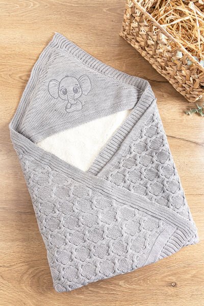 Fil Figürlü İçi Peluş Triko Bebek Battaniye Bebek Kundak GRİ - 85 x 85