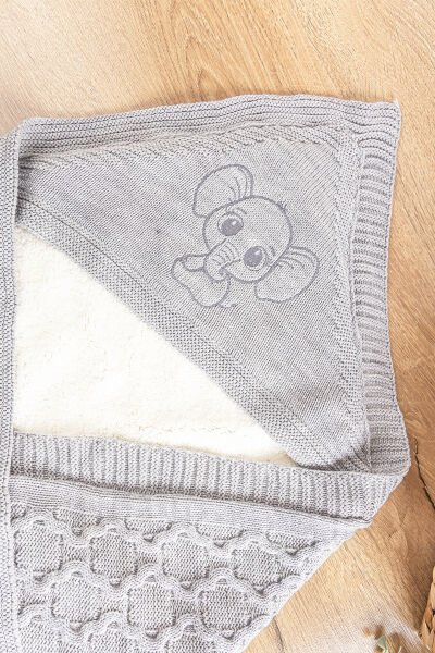 Fil Figürlü İçi Peluş Triko Bebek Battaniye Bebek Kundak GRİ - 85 x 85