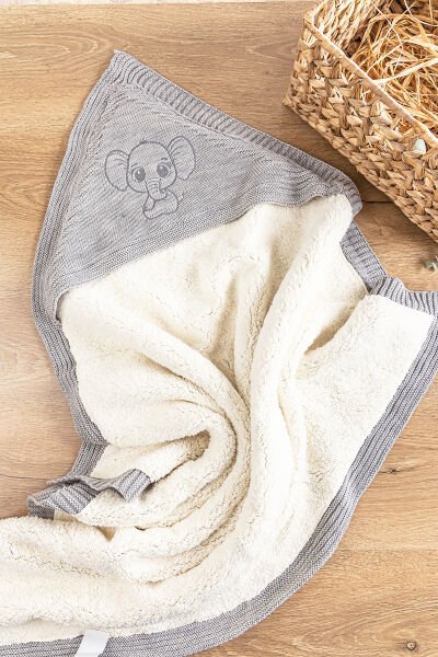 Fil Figürlü İçi Peluş Triko Bebek Battaniye Bebek Kundak GRİ - 85 x 85