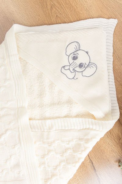 Fil Figürlü İçi Peluş Triko Bebek Battaniye Bebek Kundak KREM - 85 x 85
