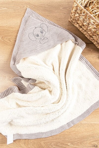 Fil Figürlü İçi Peluş Triko Bebek Battaniye Bebek Kundak BEJ - 85 x 85
