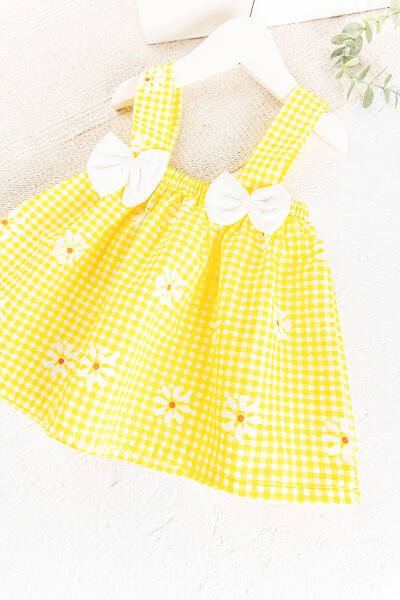 Fiyonklu Çiçek Desenli Yazlık Askılı Kız Bebek Elbise SARI -  9-12 AY