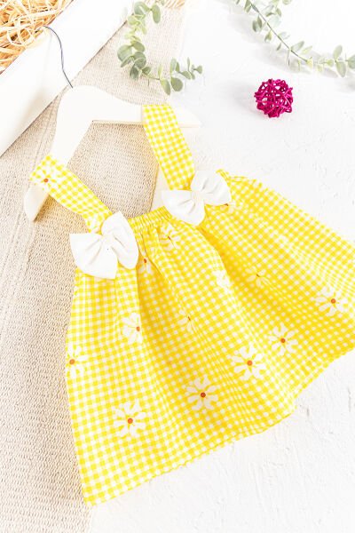Fiyonklu Çiçek Desenli Yazlık Askılı Kız Bebek Elbise SARI -  9-12 AY