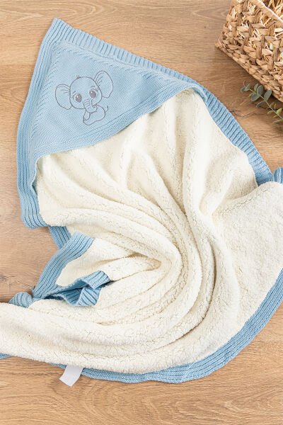 Fil Figürlü İçi Peluş Triko Bebek Battaniye Bebek Kundak MAVİ - 85 x 85