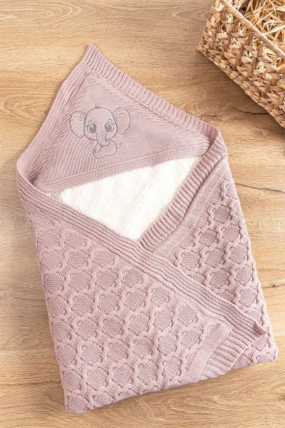 Fil Figürlü İçi Peluş Triko Bebek Battaniye Bebek Kundak Gül kurusu - 85 x 85