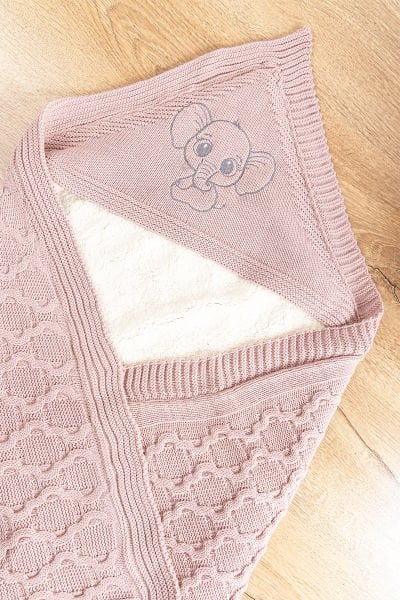 Fil Figürlü İçi Peluş Triko Bebek Battaniye Bebek Kundak Gül kurusu - 85 x 85