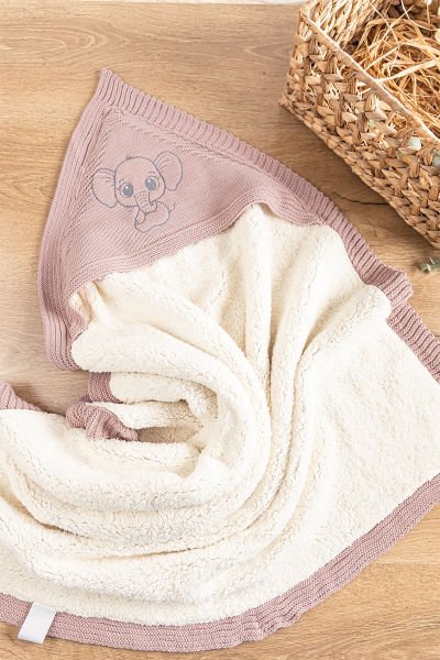 Fil Figürlü İçi Peluş Triko Bebek Battaniye Bebek Kundak Gül kurusu - 85 x 85