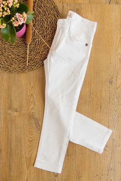 Beyaz Yırtık Gabardin Kız Çocuk Pantolon