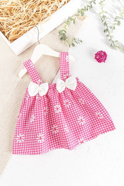 Fiyonklu Çiçek Desenli Yazlık Askılı Kız Bebek Elbise PEMBE -  12-18 AY
