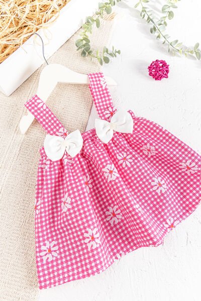Fiyonklu Çiçek Desenli Yazlık Askılı Kız Bebek Elbise PEMBE -  12-18 AY