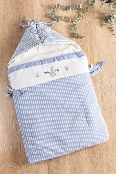 Çizgili Nakış İşlemeli Bebek Kundak MAVİ -  Tek Ebat