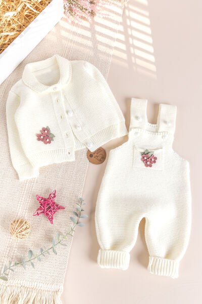 Triko Kışlık Kız Bebek Salopet Takım Tulum Set KREM -  6-9 AY