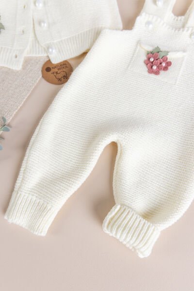 Triko Kışlık Kız Bebek Salopet Takım Tulum Set KREM - 9 Ay
