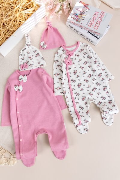 Kız Bebek Tulum Çiçek Desenli İkili Uzun Kollu Tulum Takım