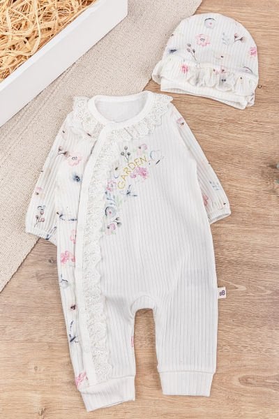 Çiçek Desenli Güpürlü Şapkalı Kız Bebek Tulum Takım