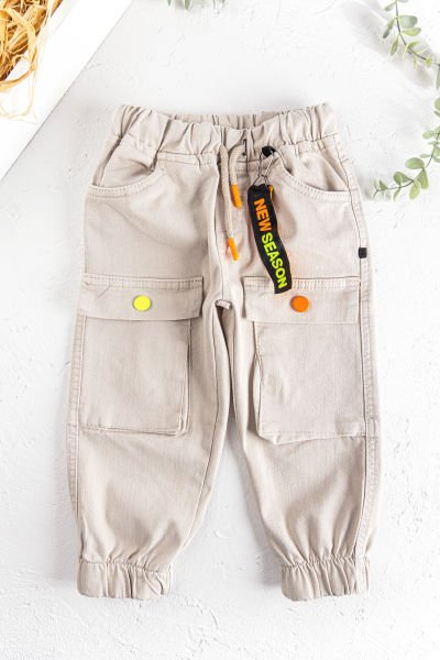 Neon Düğmeli Gabardin Erkek Çocuk Kargo Pantolon BEJ - 2 Yaş