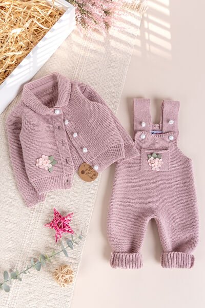 Triko Kışlık Kız Bebek Salopet Takım Tulum Set Gül kurusu - 3-6 AY