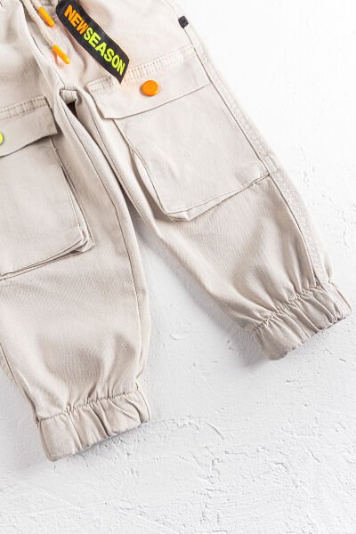Neon Düğmeli Gabardin Erkek Çocuk Kargo Pantolon BEJ - 3 Yaş