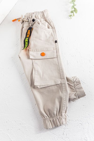 Neon Düğmeli Gabardin Erkek Çocuk Kargo Pantolon BEJ - 4 Yaş