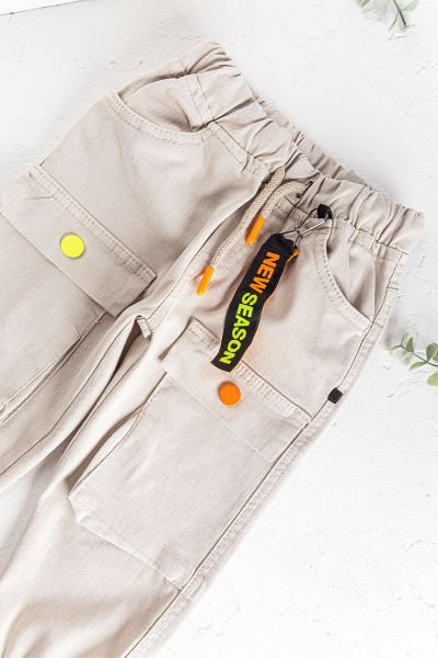 Neon Düğmeli Gabardin Erkek Çocuk Kargo Pantolon BEJ - 4 Yaş