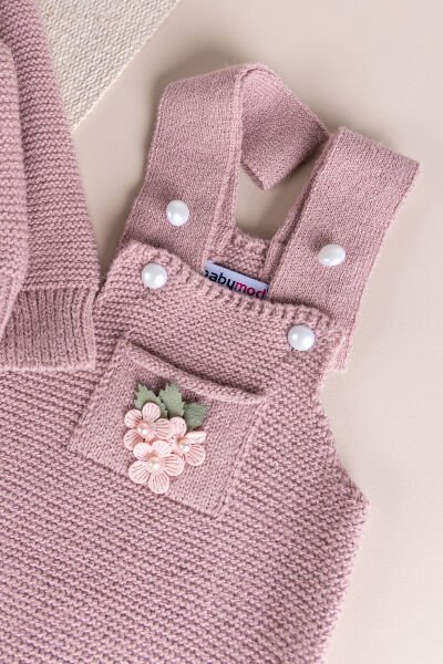 Triko Kışlık Kız Bebek Salopet Takım Tulum Set Gül kurusu - 9 Ay