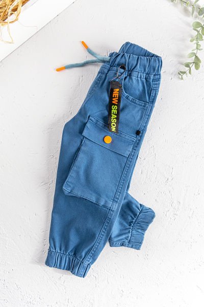Neon Düğmeli Gabardin Erkek Çocuk Kargo Pantolon İndigo - 2 Yaş