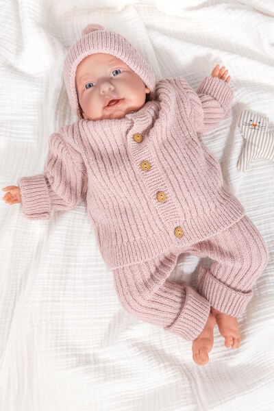 Triko Hırkalı Bereli Unisex Kışlık Şapkalı Bebek Takım