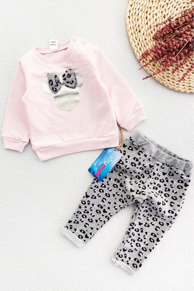 Leopar Desenli Fiyonklu İkili Kız Bebek Takım PEMBE -  9-12 AY