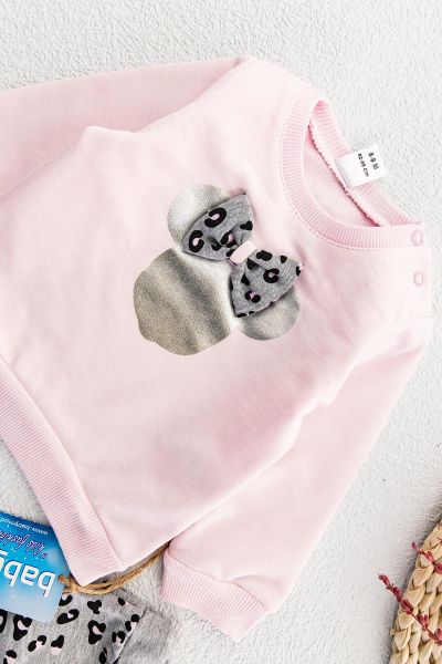 Leopar Desenli Fiyonklu İkili Kız Bebek Takım PEMBE -  9-12 AY