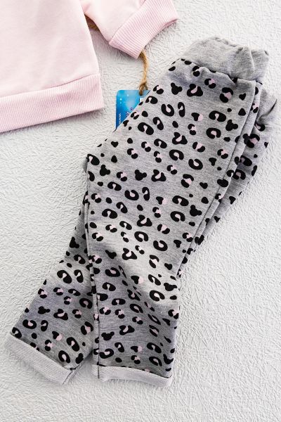Leopar Desenli Fiyonklu İkili Kız Bebek Takım PEMBE -  9-12 AY