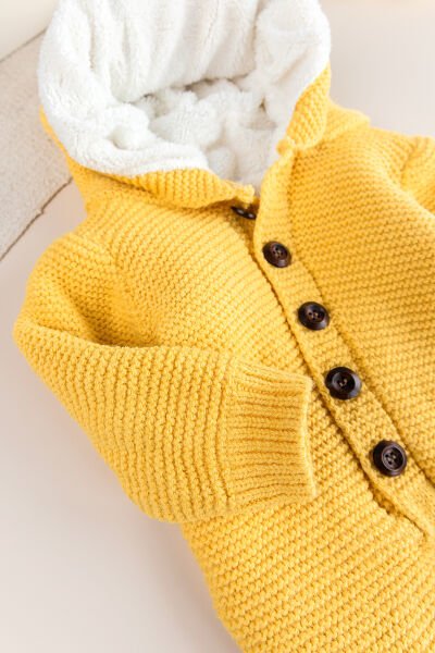 Triko Örme Welsoft Astarlı Kapüşonlu Kışlık Bebek Tulum SARI - 9 Ay