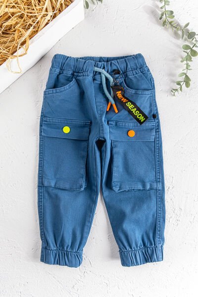 Neon Düğmeli Gabardin Erkek Çocuk Kargo Pantolon İndigo - 5 Yaş