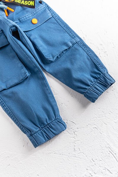 Neon Düğmeli Gabardin Erkek Çocuk Kargo Pantolon İndigo - 5 Yaş
