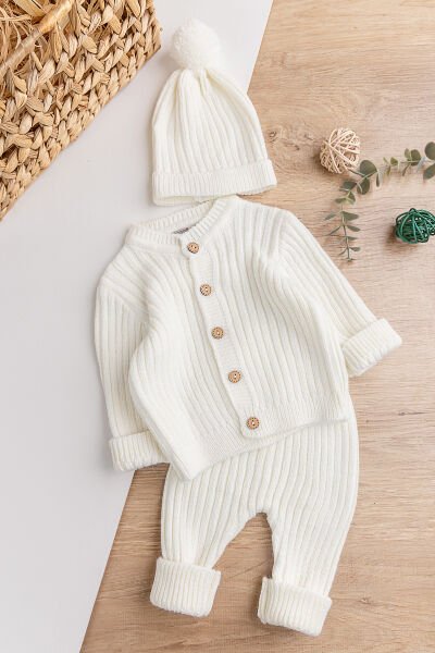 Triko Hırkalı Bereli Unisex Kışlık Şapkalı Bebek Takım KREM -  9-12 AY
