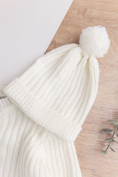 Triko Hırkalı Bereli Unisex Kışlık Şapkalı Bebek Takım KREM -  9-12 AY