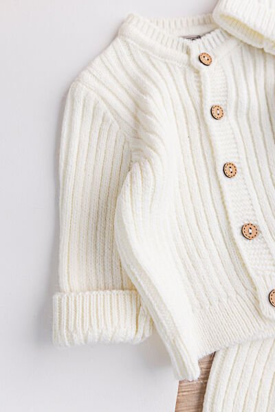 Triko Hırkalı Bereli Unisex Kışlık Şapkalı Bebek Takım KREM -  9-12 AY