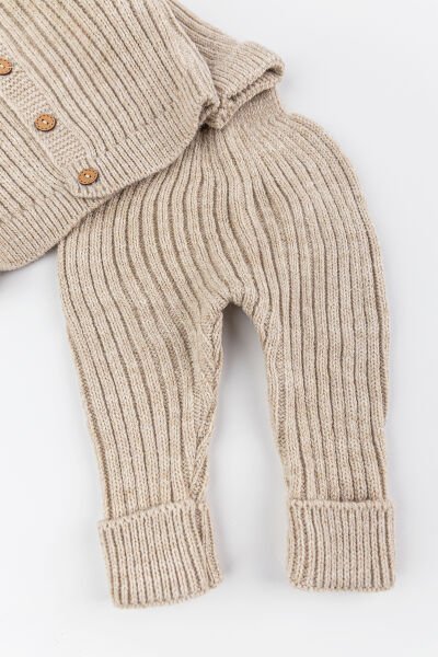 Triko Hırkalı Bereli Unisex Kışlık Şapkalı Bebek Takım BEJ - 3-6 AY