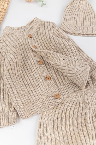 Triko Hırkalı Bereli Unisex Kışlık Şapkalı Bebek Takım BEJ - 3-6 AY