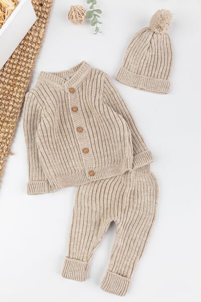 Triko Hırkalı Bereli Unisex Kışlık Şapkalı Bebek Takım BEJ -  6-9 AY