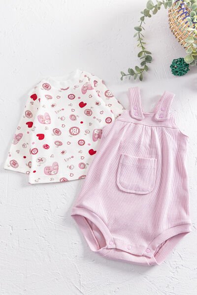 Askılı Kız Bebek Tulum Salopet Takım PEMBE -  6-9 AY