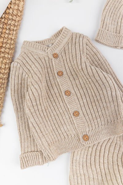 Triko Hırkalı Bereli Unisex Kışlık Şapkalı Bebek Takım BEJ -  9-12 AY