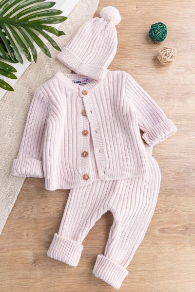 Triko Hırkalı Bereli Unisex Kışlık Şapkalı Bebek Takım PEMBE - 3-6 AY