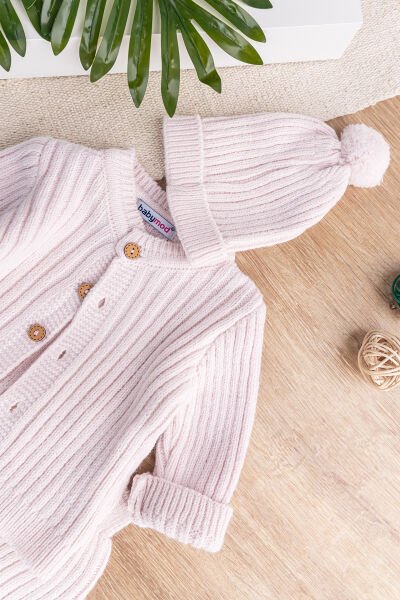 Triko Hırkalı Bereli Unisex Kışlık Şapkalı Bebek Takım PEMBE - 3-6 AY