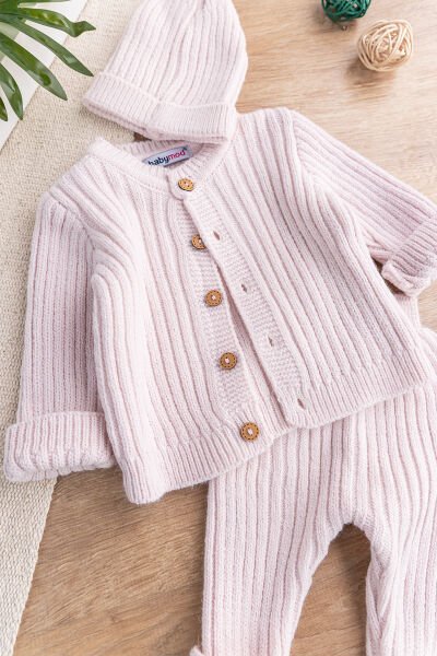 Triko Hırkalı Bereli Unisex Kışlık Şapkalı Bebek Takım PEMBE - 3-6 AY